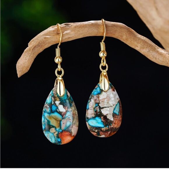18K Yellow Gold with Natural Imperial Blue Orange Jasper Stone Hook Earrings - Picture 3 of 5